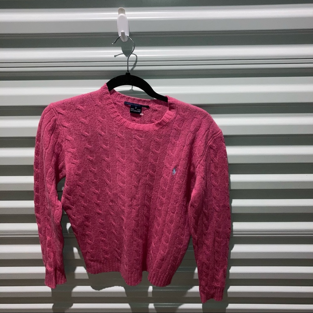 Ralph Lauren Sweater Women’s Size Small Pink Braided Cable Knit Lambswool Top